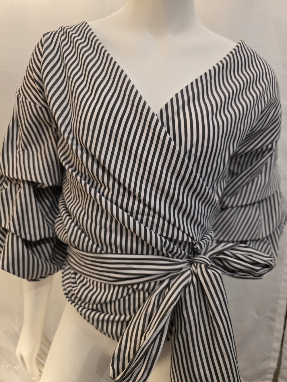 Main Strip Black & White Striped Wrap Top with Waist Tie